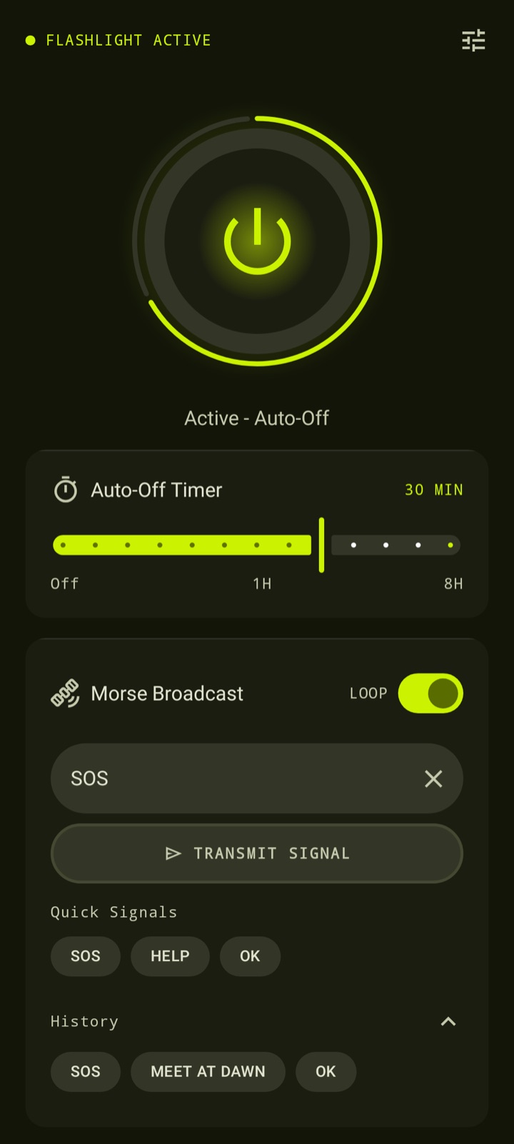 ShakeMorseLamp flashlight screen with Morse broadcast controls