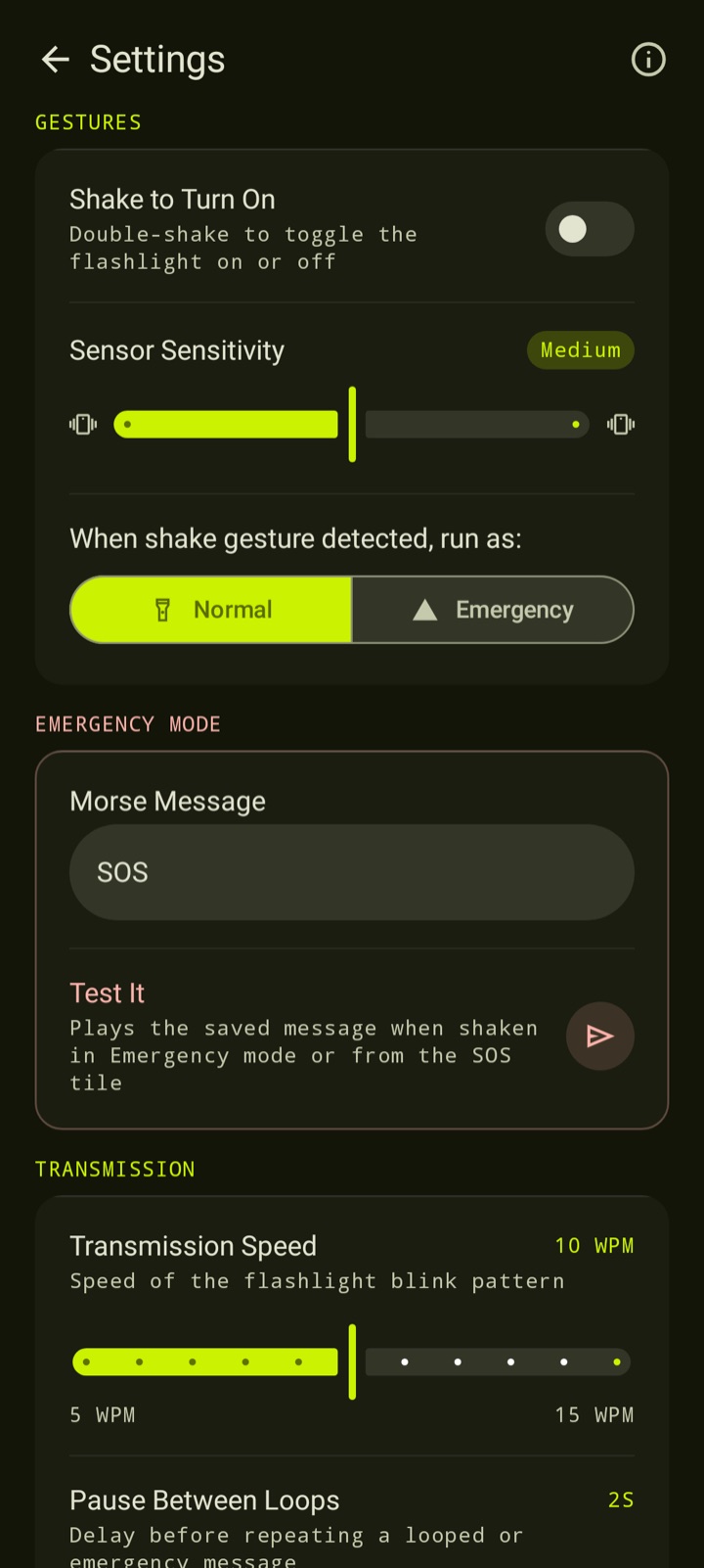 Settings screen showing transmission and emergency options