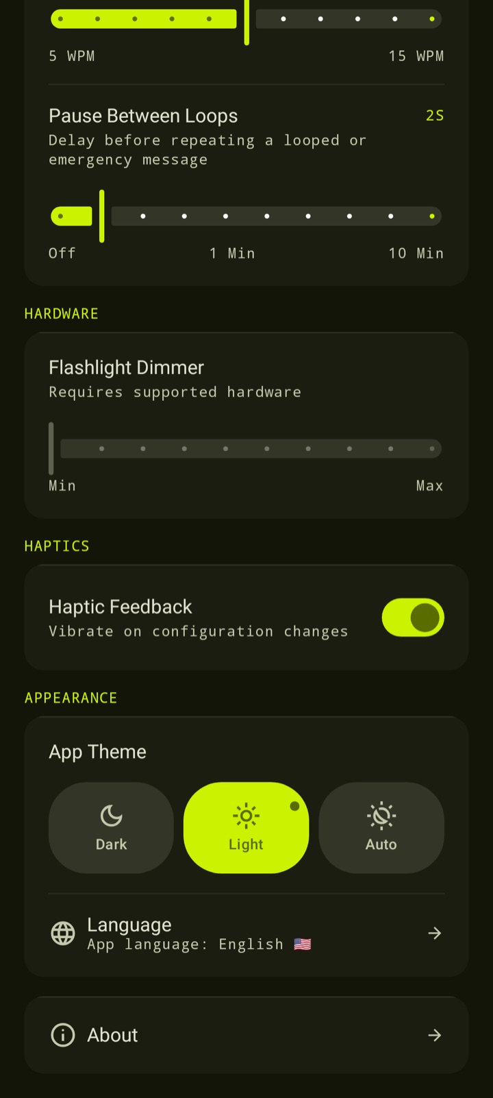 Settings screen showing appearance and language options