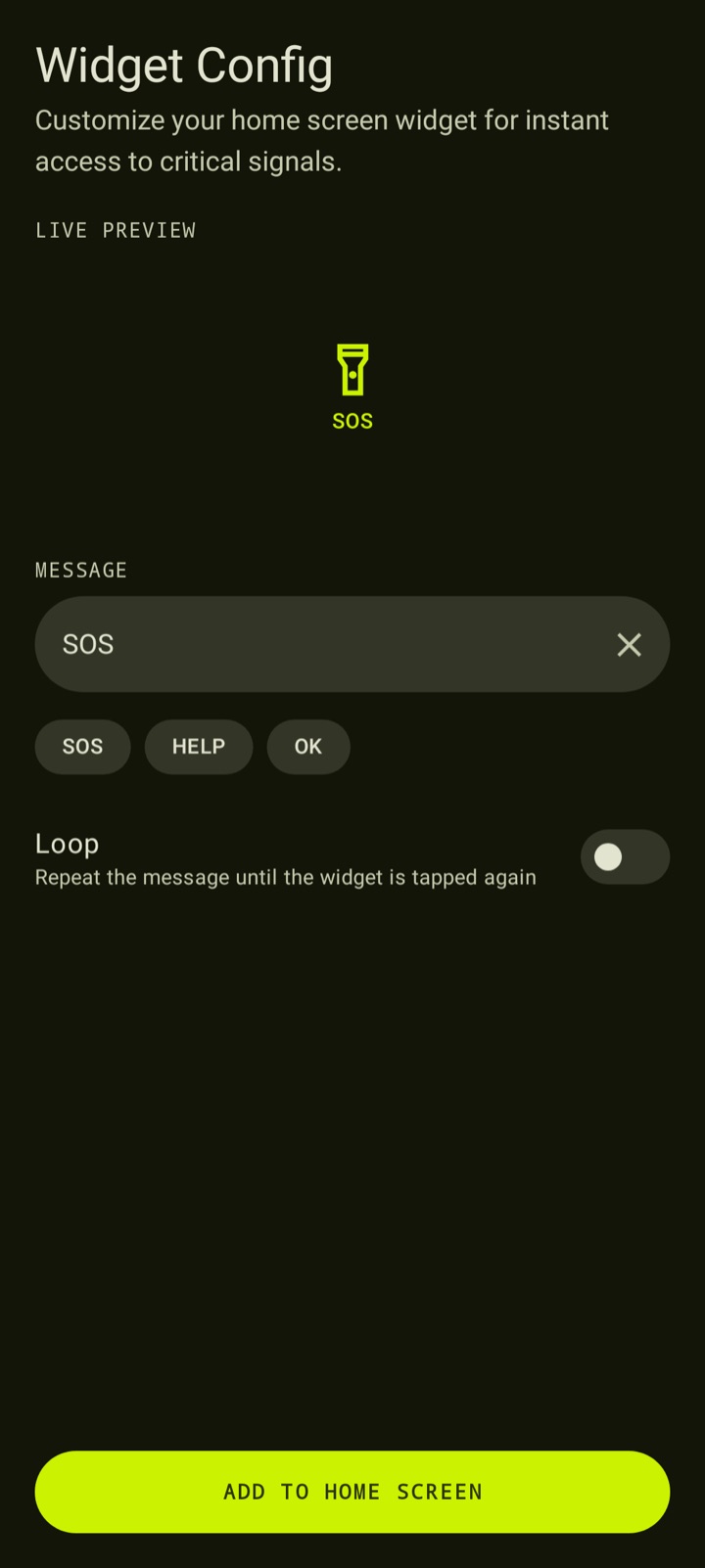 Widget configuration screen with live preview